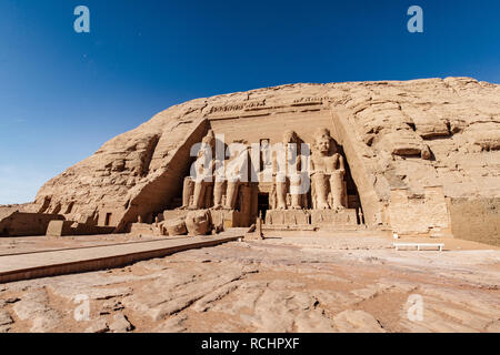 Panoramic view with the entrance to Abu Simbel Great Temple in Aswan Egypt Stock Photo