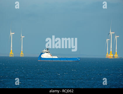 Aberdeen bay wind farm operational from May 2018 flanks the oil supply vessel NAO Prosper at anchor. Stock Photo