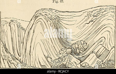 . Elements of geology, or, The ancient changes of the earth and its inhabitants as illustrated by geological monuments. Geology. Cn. V.l EXPERIMENTS TO ILLUSTRATE CURVED STRATA. 49 on the east coast of Scotland, where the rocks consist principally of a bluish slate, having frequently a ripple-marked surface. The undulations bi the beds reach from the top to the bottom of cliffs from 200 to 300. Curved strata of slate near St. Abb's Head, Berwickshire. (Sir J. Hall.) feet in height, and there are sixteen distinct bendinars in the course of about six miles, the curvatures being alternately conca Stock Photo