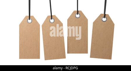 Blank cardboard craft paper gift tags, isolated cutout on white background. 3d illustration Stock Photo