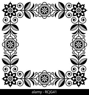 Scandinavian folk art vector frame, cute floral border, square pattern with monochrome flowers - invitation, greetings card Stock Vector