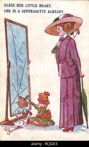 Anti-suffrage, color postcard, depicting a suffragist mother, wearing a purple, white, and green, Edwardian hat, jacket, and skirt (reflecting her association with the Women's Social and Political Union) condoning her daughter breaking a mirror with a hammer, with an indulgent expression on her face, captioned 'Bless Her Little Heart, She is a Suffragette Already, ' published for the British market, 1900. () Stock Photo