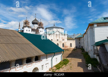 SOLOVKI, REPUBLIC OF KARELIA, RUSSIA - JUNE 27, 2018: View of the mill and the church of Philip In the Spaso-Preobrazhensky Solovetsky Monastery. Russ Stock Photo