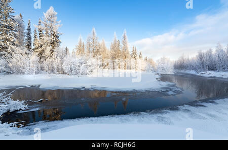 Winter forest covered with snow near a small creek in South Yakutia, Russia Stock Photo