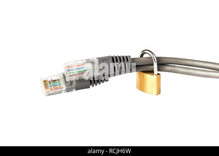 Two ethernet cables with RJ-45 connectors, fastened with a lock. The concept of network security, data privacy. Protection of information. Stock Photo