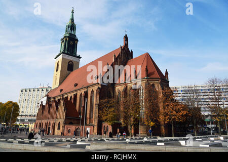 Berlin, Germany - November 10, 2018. Exterior view of Marienkirche church in Berlin, with people. Stock Photo