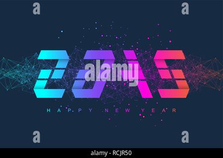 Merry Christmas and Happy New Year 2019 greeting card. Modern futuristic template for 2019. Abstract plexus background with connected lines and dots. Business technology concept. Vector illustration Stock Vector