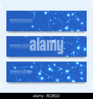 Abstract molecules banners set with lines, dots, circles, polygons. Vector design network communication background. Futuristic digital science technology concept for web banner template or brochure. Stock Vector
