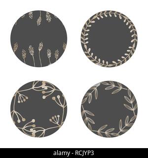 A set of four round frames with floral elements in gold and dark gray isolated on white background. Elegant and stylish vector design elements, stamps Stock Vector