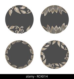 A set of four round frames with floral elements in gold and dark gray isolated on white background. Elegant and stylish vector design elements, stamps Stock Vector