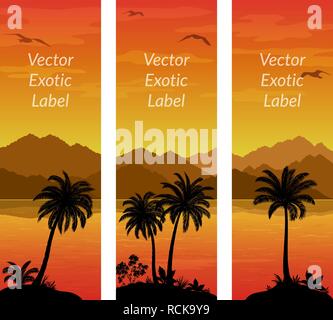 Labels with Tropical Landscape, Palms Trees and Exotic Plants Black Silhouettes on Background with Morning Sea, Mountains and Birds Gulls. Vector Stock Vector