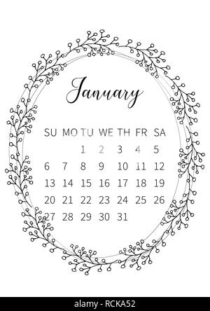 Calendar 2019 with hand drawn romantic seasonal wreaths Stock Vector