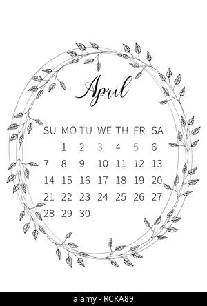 Calendar 2019 with hand drawn romantic seasonal wreaths Stock Vector