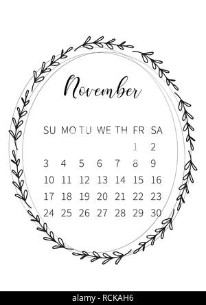 Calendar 2019 with hand drawn romantic seasonal wreaths Stock Vector