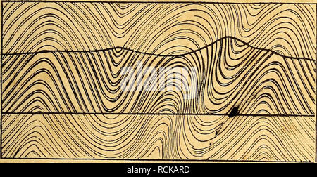 . Elements of geology. Geology. PART I. CHAPTER V. 67 Experiments to illustrate curved Strata. equal space, has been well described by Sir James Hall.*' It occurs near St. Abb's Head, on the east coast of Scotland, where the rocks consist principally of a bluish slate, having frequently a ripple-marked surface. The undulations of the beds reach from the top to the bottom of the cliffs from 200 to 300 feet in height, and there are sixteen distinct bendings in the course of about six miles, the curvatures being alternately concave and convex upwards. An experiment was made by Sir James Hall, wit Stock Photo