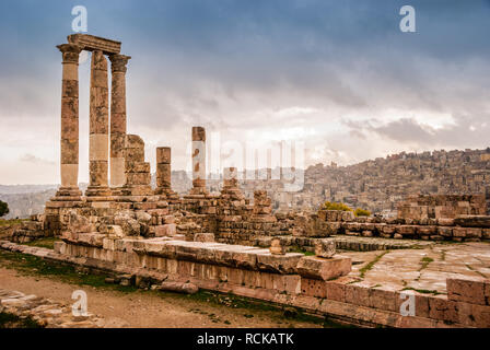 Roman ruins of the Temple of Hercules with columns in the Citadel Hill of Amman, Jordan, Middle East Stock Photo