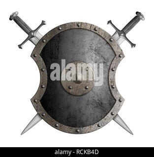 metal shield with crossed swords isolated 3d illustration Stock Photo