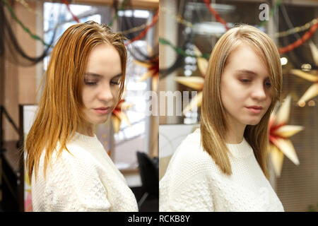 Professional hairdresser dyeing hair of her client in salon. Color hair before and after procedure. Selective focus. Stock Photo
