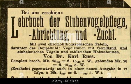 Die Gefiederte Welt Mit Zwei Chromolithographiachen Tafeln Darunter Das Doppolbild Vogelstuben Mit Fremdland Und Einheimischen Vogeln Und Zahlreichen Holzschnitten Von Dr Karl Riiss Complett Broch Mk 26 So Fl