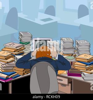 Cluttered. Table littered with papers and documents. The man in the chair clutching his head in despair. Vector illustration. Stock Vector