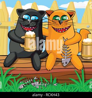 Black cat and red cat drinking beer while sitting on the bench. The cats look happy, keep the mug in his paws and fish skeleton. Cartoon vector illust Stock Vector