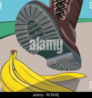 The foot in the shoe does step on a banana peel. A moment before. Cartoon vector illustration with isolated objects. Stock Vector