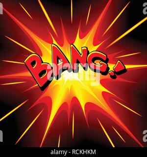 Bang comic cartoon. Vector illustration with yellow-red star on black background and inscription. Explosion template. Stock Vector