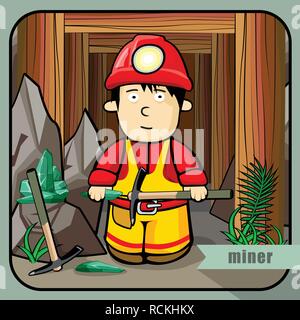 Vector person character portrait. Miner portrait isolated on mines background. Cartoon style. Human profession icon. Stock Vector