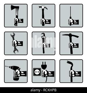 Set of hands holding tools. Vector hands with screwdriver, electric drill, wrench, hammer, pickaxe, socket, ax, mounting. Retro styled vector icons Stock Vector