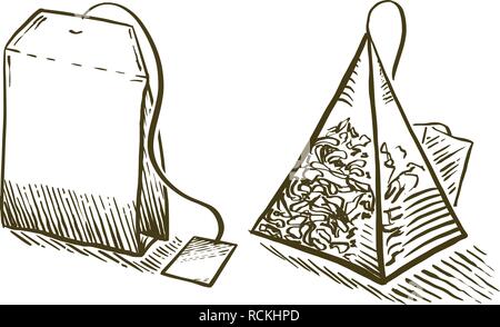 Set of tea bag in engraving style. Hand drawn vector illustration. Pyramid shaped bag of tea. Stock Vector
