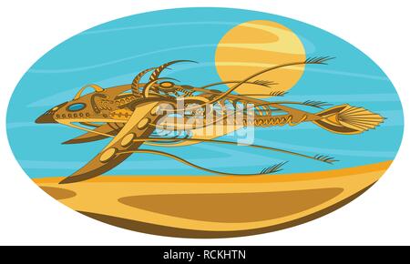 Fantastic flying and floating mechanism with wings, resembling a fish or a bird. Futuristic or steampunk tattoo design. Isolated vector collapsible co Stock Vector