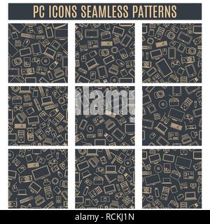 Set seamless patterns from computer and gadget icons of thin lines, vector illustration. Stock Vector