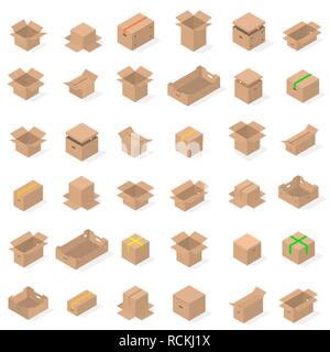 Set of different cardboard boxes isolated on white background. Packaging design elements. Flat 3D isometric style, vector illustration. Stock Vector