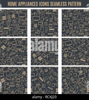 Set seamless patterns from household appliances icons of thin lines, vector illustration. Stock Vector