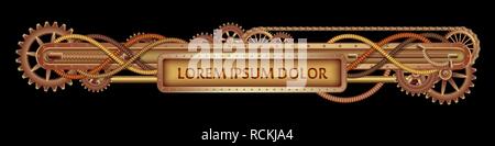 Mechanical banner decorated with brass gears, nozzles and rivets on a black Steampunk background. Stock Vector