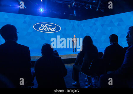 Detroit, Michigan - William Clay Ford Jr., executive chairman of Ford Motor Company, speaks as Ford introduces new vehicles at the North American Inte Stock Photo