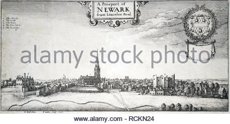 Newark-on-Trent, England, etching by Bohemian etcher Wenceslaus Hollar from 1676 Stock Photo