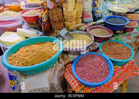 Beans, nuts, corn and seeds at a farmers market in Villarrica, Paraguay Stock Photo