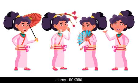 Asian Girl Kid Poses Set Vector. Kimono, Sakura, Umbrella. Beauty. Young, Cheerful. For Postcard, Cover, Placard Design. Isolated Cartoon Illustration Stock Vector
