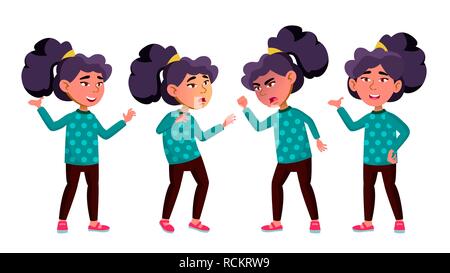 Asian Girl Kid Poses Set Vector. Primary School Child. Young, Cute, Comic. For Presentation, Print, Invitation Design. Isolated Cartoon Illustration Stock Vector