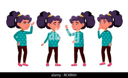 Asian Girl Kid Poses Set Vector. Primary School Child. child, pupil. Active, Joy, Leisure. For Advertisement, Announcement Design. Isolated Cartoon Illustration Stock Vector