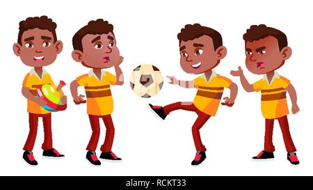 Black, Afro American Boy Kindergarten Kid Poses Set Vector. Cardboard ...
