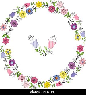 Colorful wreath from various spring flowers. Individual elements on a white background, isolated objects, vector hand drawing illustration. Stock Vector