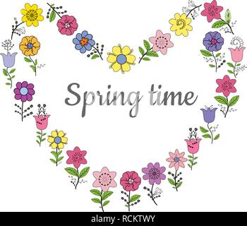Heart made of different spring flowers. Individual elements isolated on a white background. Vector hand drawing illustration. Stock Vector