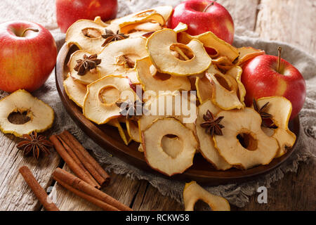 Organic chips from fresh apples close-up on a plate on the table. horizontal Stock Photo