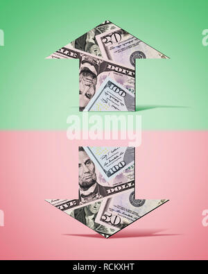 US dollar banknotes in shape of upwards and downwards arrows, computer generated image, pink and green background
