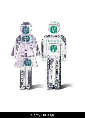 US dollar banknotes in shape of man and woman standing side by side, computer generated image, white background