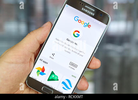 MONTREAL, CANADA - JUNE 23, 2016 : Google logo and applications on Samsung S7 screen. Stock Photo