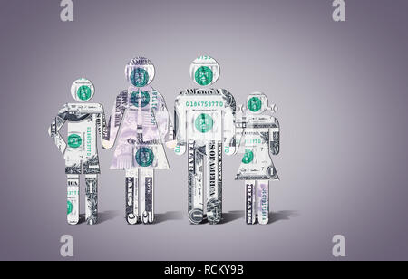 US dollar banknotes in shape of family standing in a row, computer generated image, grey background