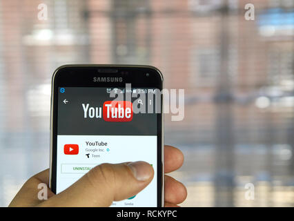 MONTREAL, CANADA - APRIL 7, 2016 - Youtube application on Samsung S5's screen. YouTube is a video-sharing website and service. Stock Photo